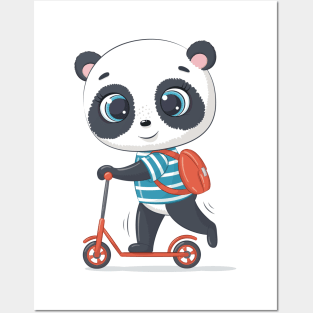 PANDA BEAR WITH A SCHOOL BAG ON A SCOOTER Posters and Art